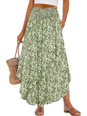 Women's Green Boho Floral High Waisted Smocked Flowy Pocket Maxi Skirt
